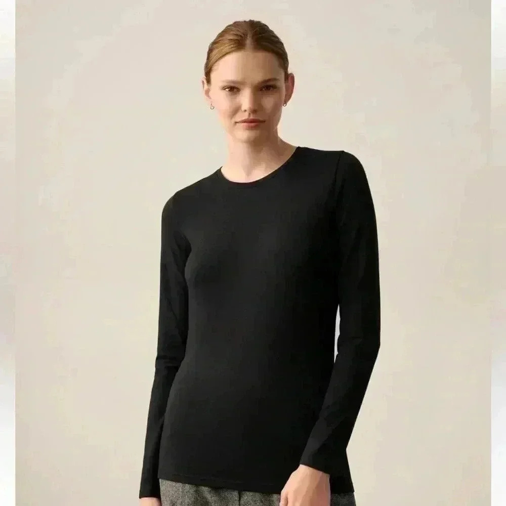 White + Warren Cotton Modal Long Sleeve Shirt Top Black M